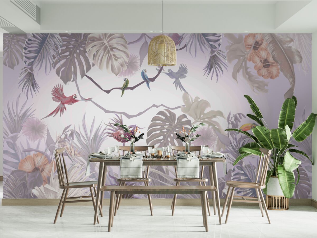 Fotobehang toekans en papegaaien tussen palmbladeren