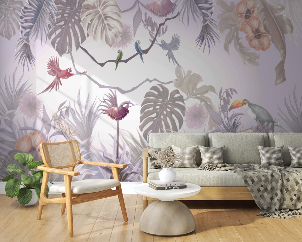 Fotobehang toekans en papegaaien tussen palmbladeren