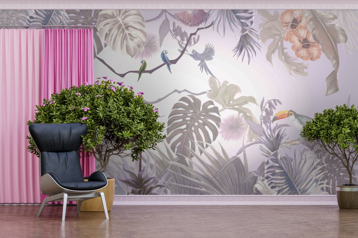 Fotobehang toekans en papegaaien tussen palmbladeren