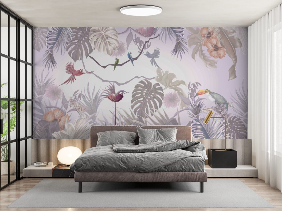 Fotobehang toekans en papegaaien tussen palmbladeren