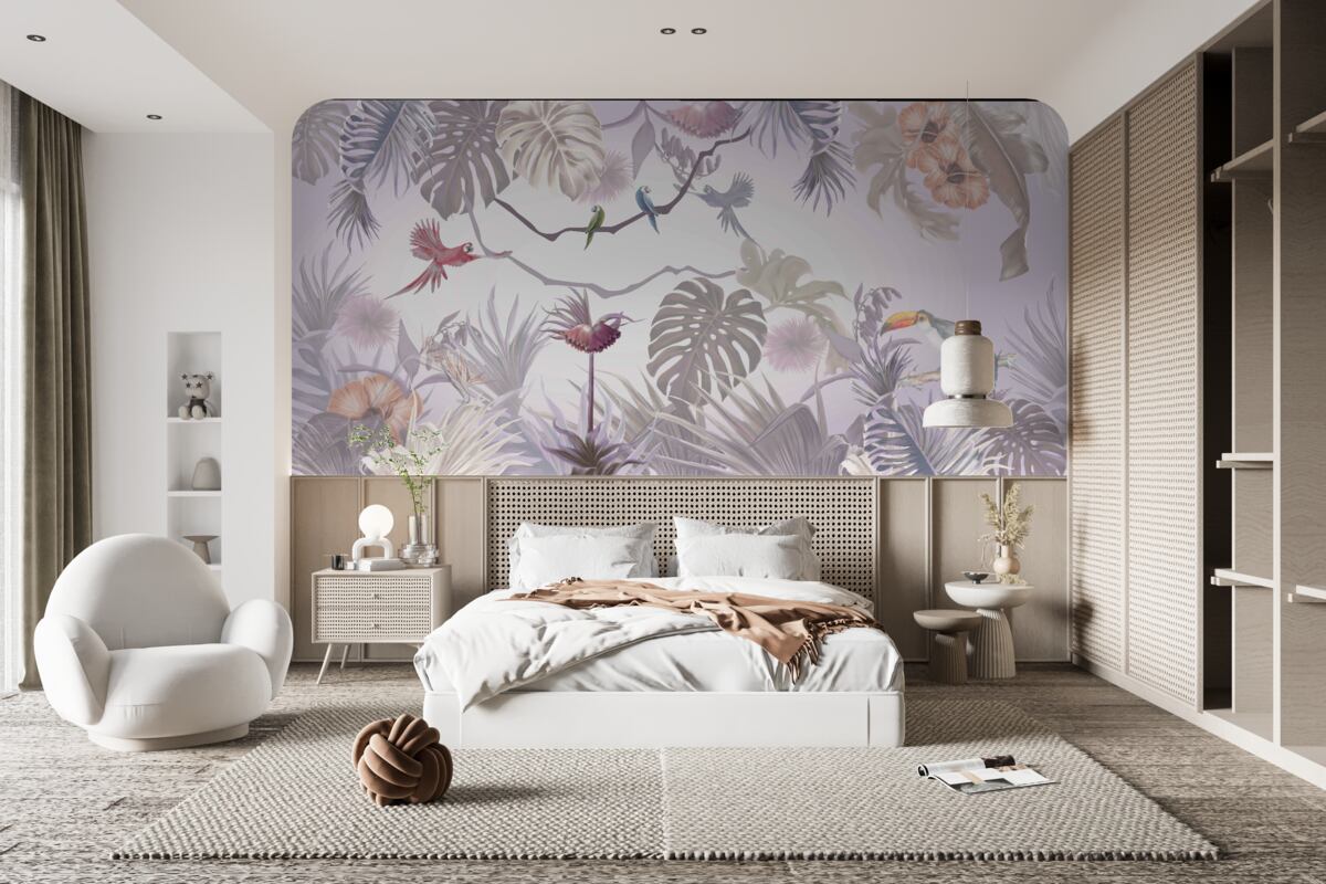 Fotobehang toekans en papegaaien tussen palmbladeren