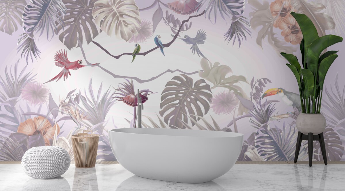 Fotobehang toekans en papegaaien tussen palmbladeren