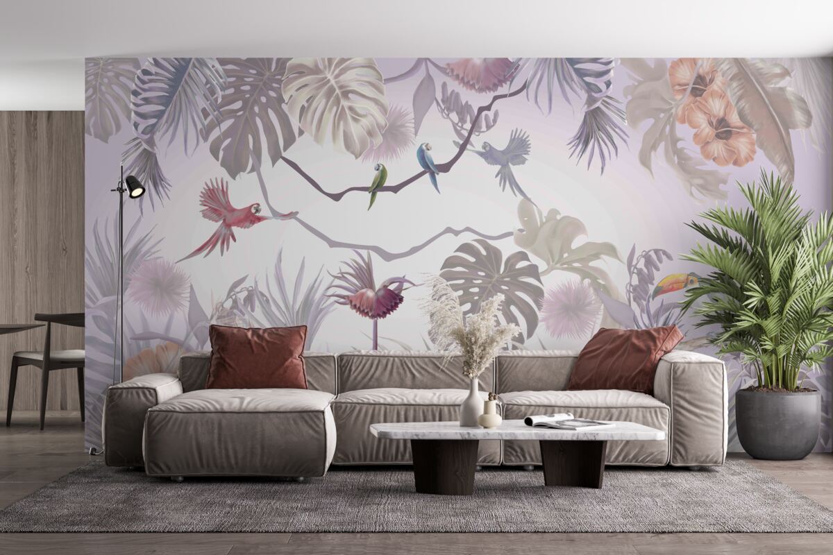 Fotobehang toekans en papegaaien tussen palmbladeren