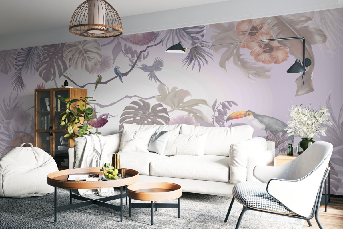 Fotobehang toekans en papegaaien tussen palmbladeren