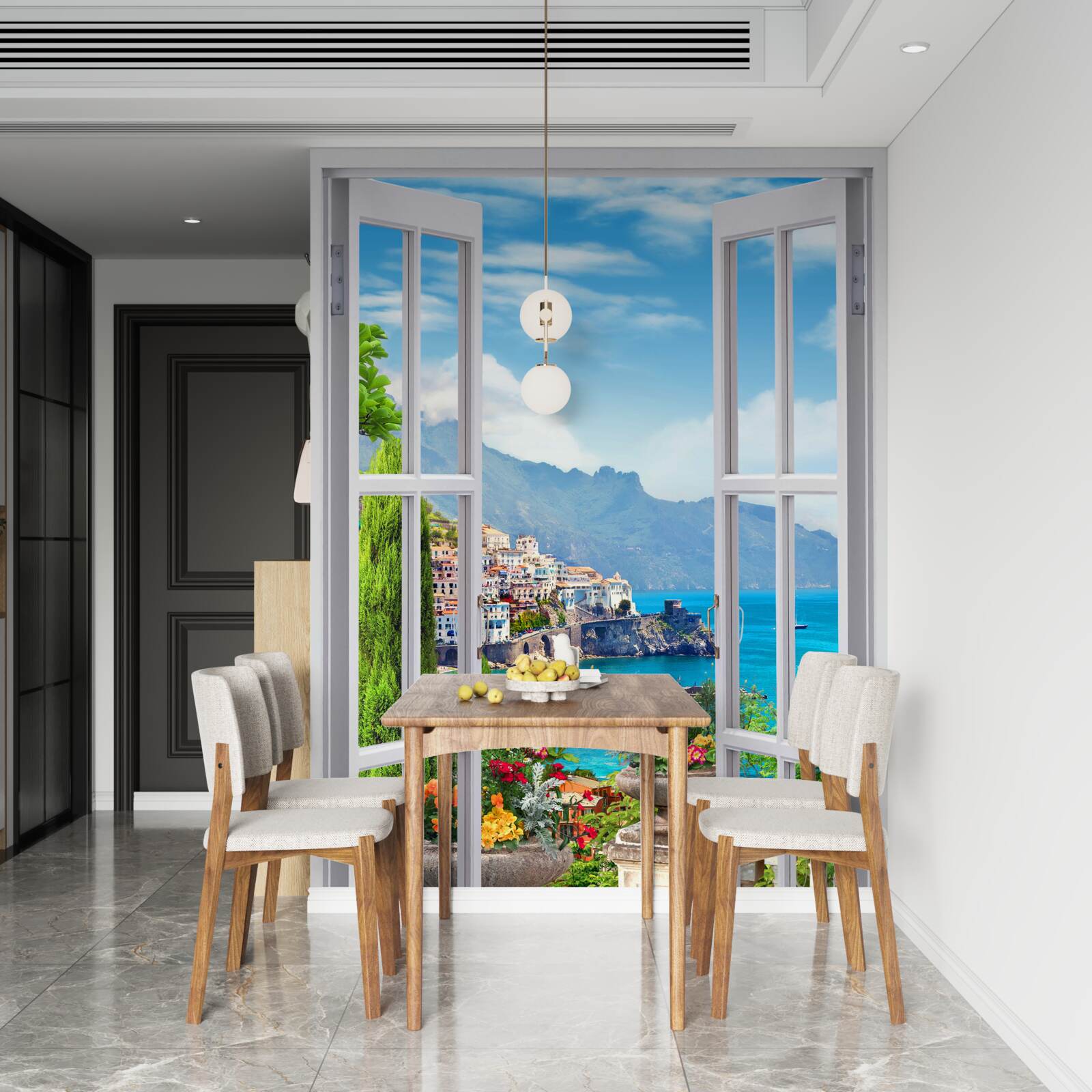 Fotobehang een schilderachtig uitzicht vanuit het raam