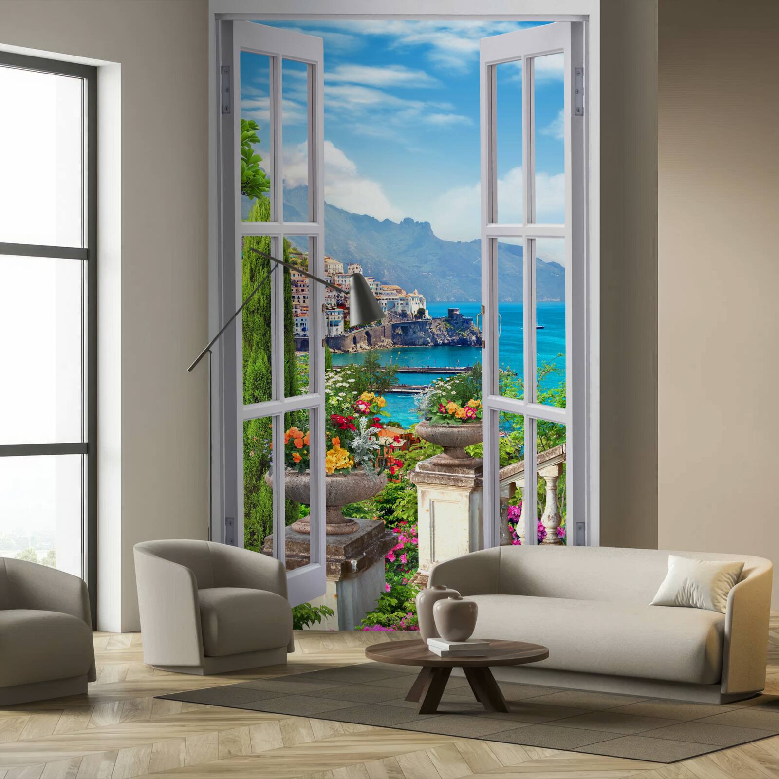 Fotobehang een schilderachtig uitzicht vanuit het raam