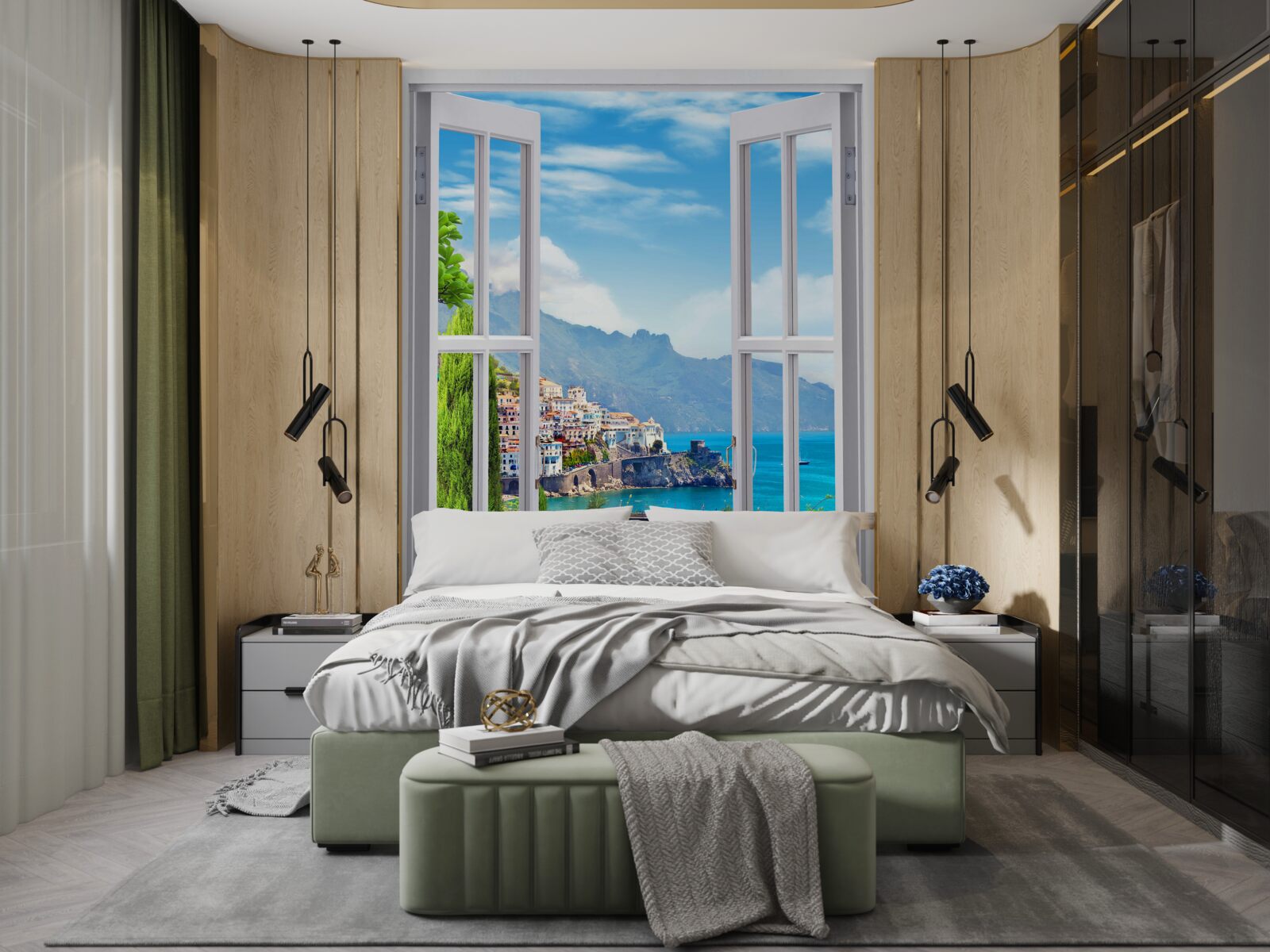 Fotobehang een schilderachtig uitzicht vanuit het raam