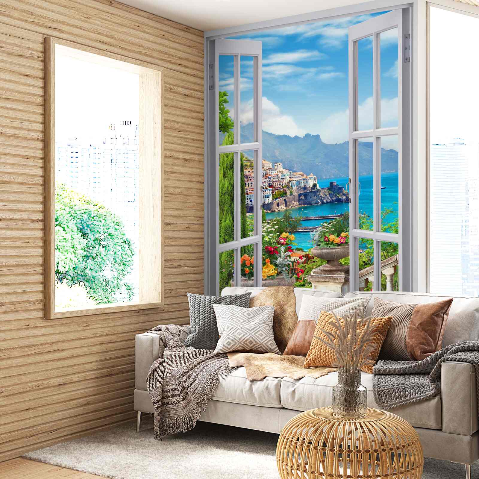 Fotobehang een schilderachtig uitzicht vanuit het raam