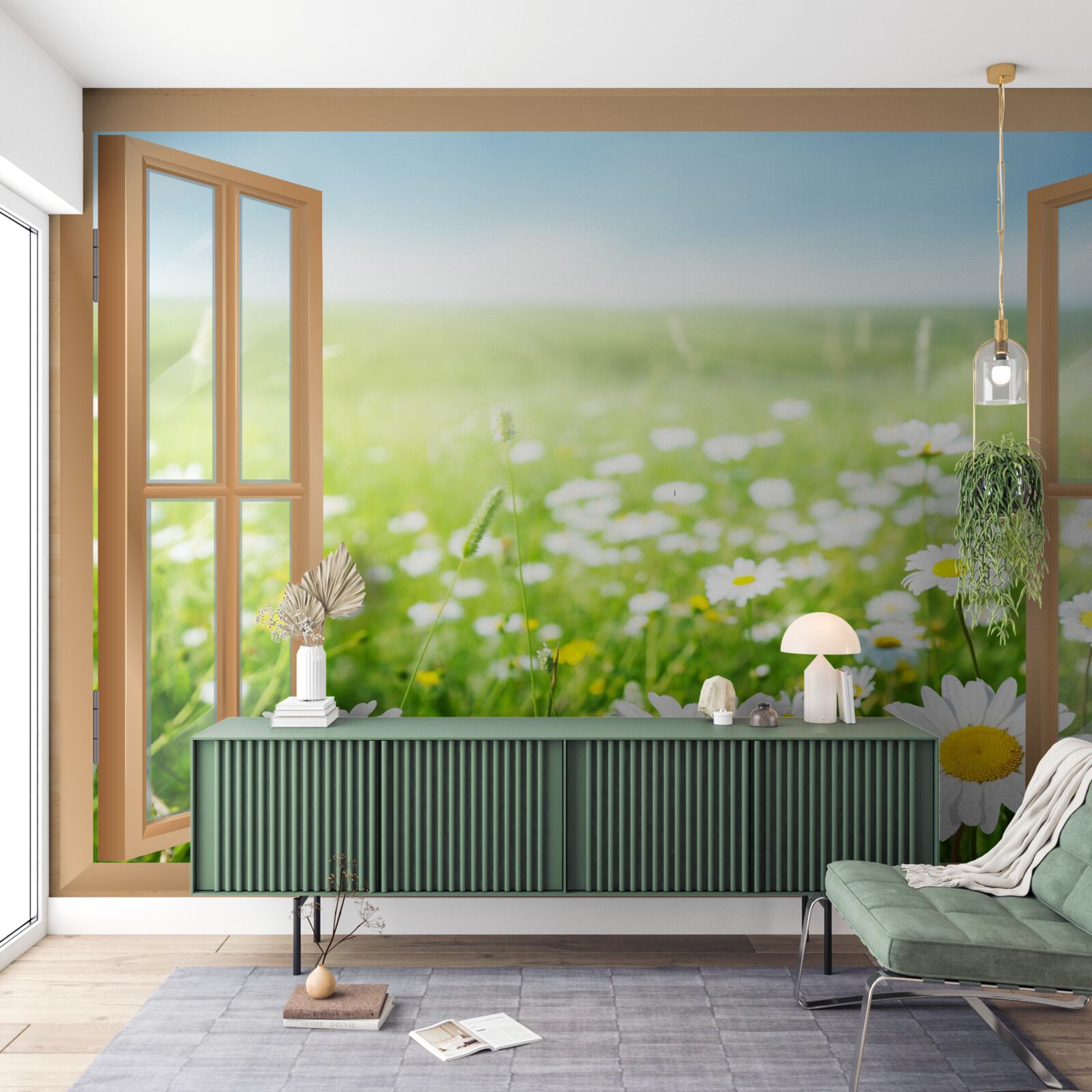 Fotobehang panorama van een kamilleveld