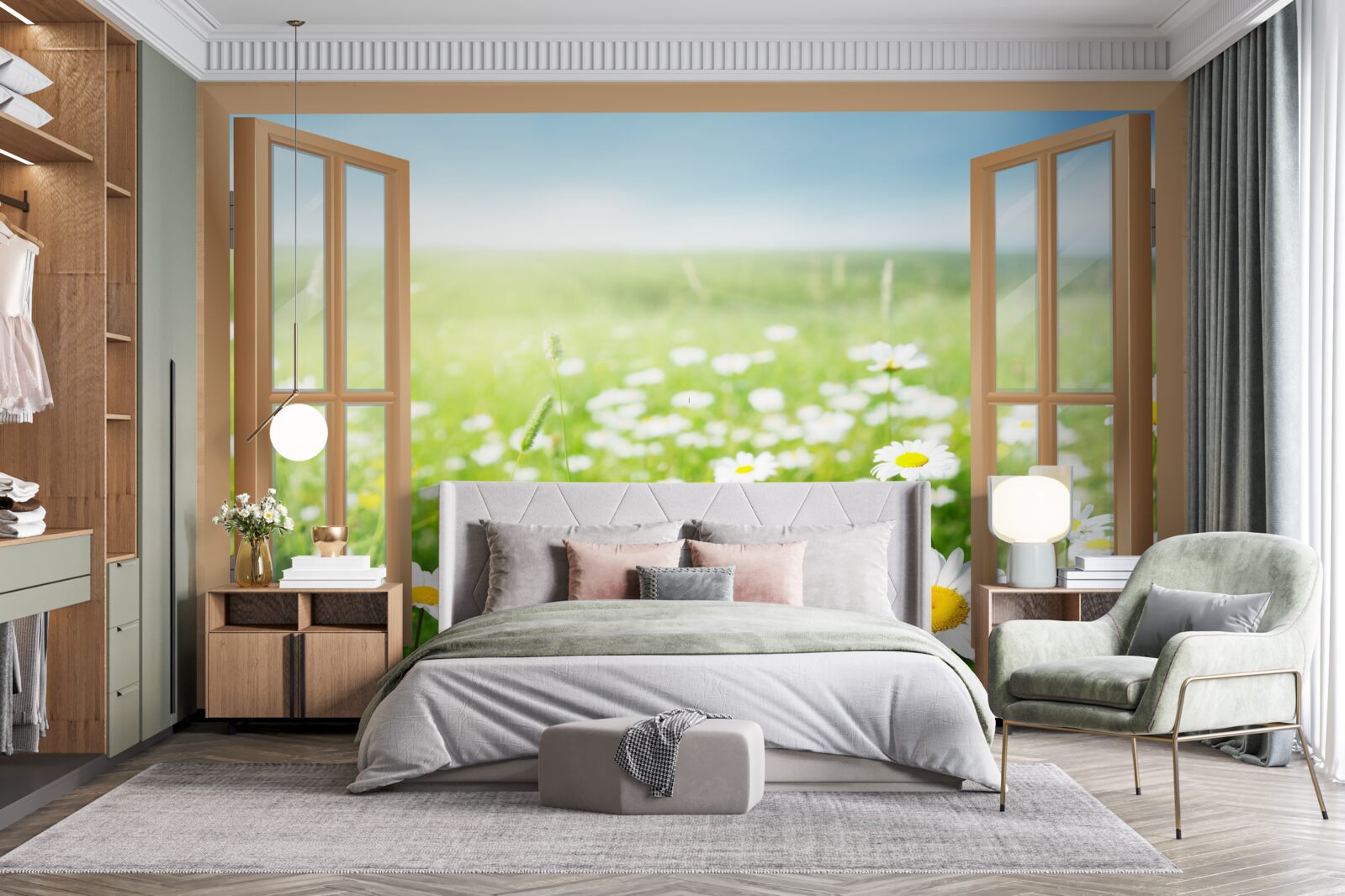 Fotobehang panorama van een kamilleveld