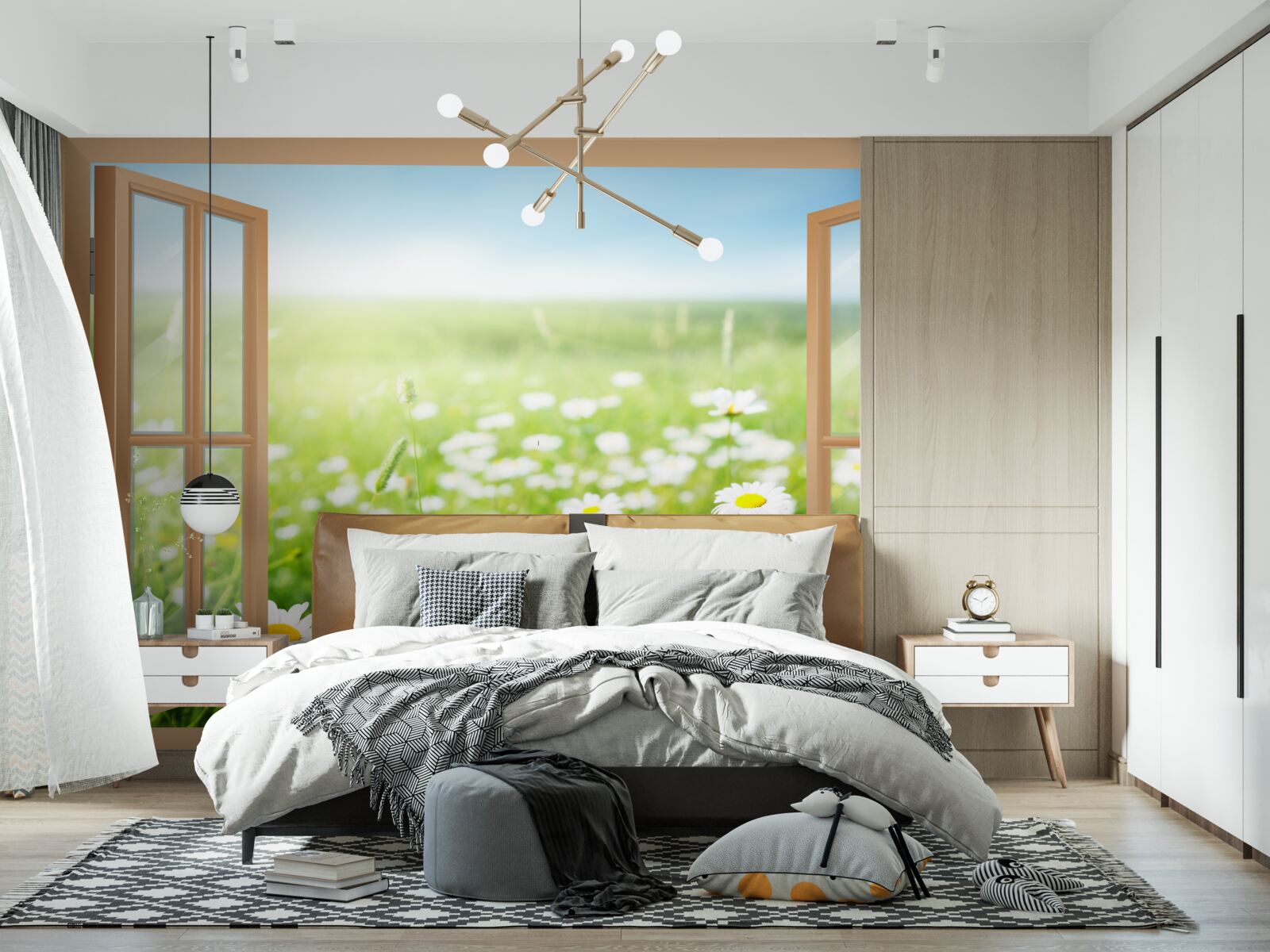 Fotobehang panorama van een kamilleveld