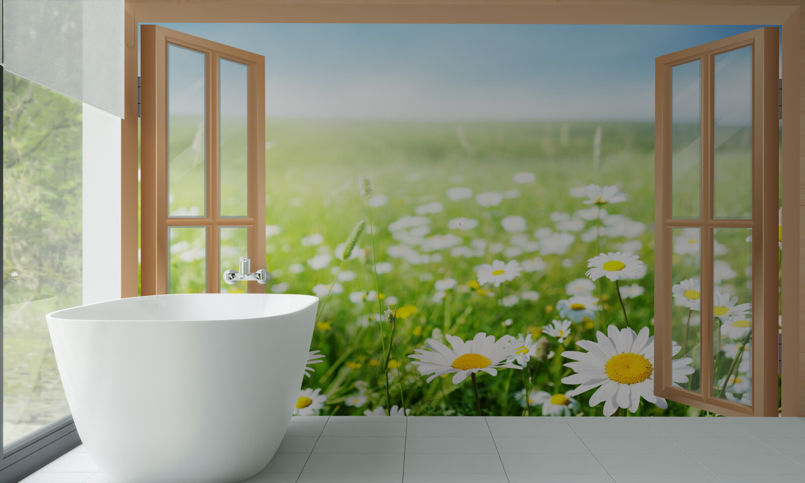 Fotobehang panorama van een kamilleveld