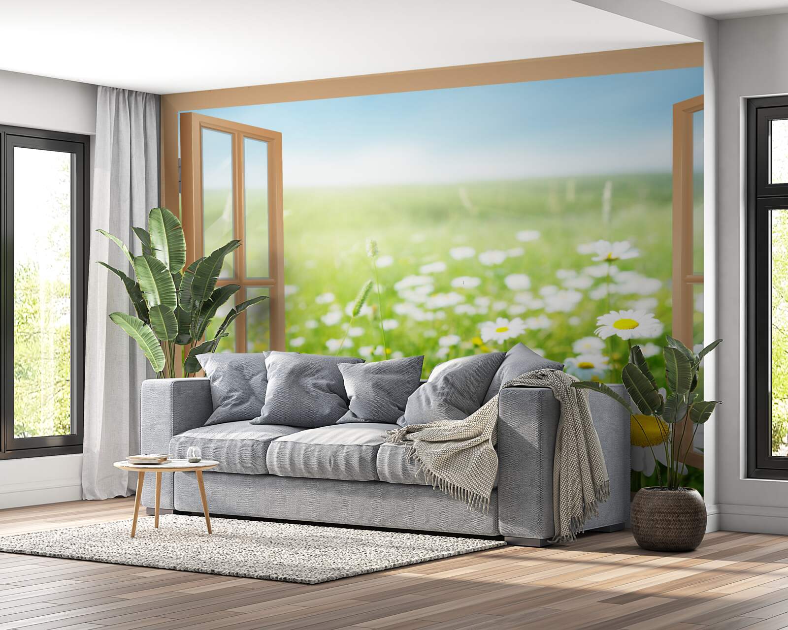 Fotobehang panorama van een kamilleveld