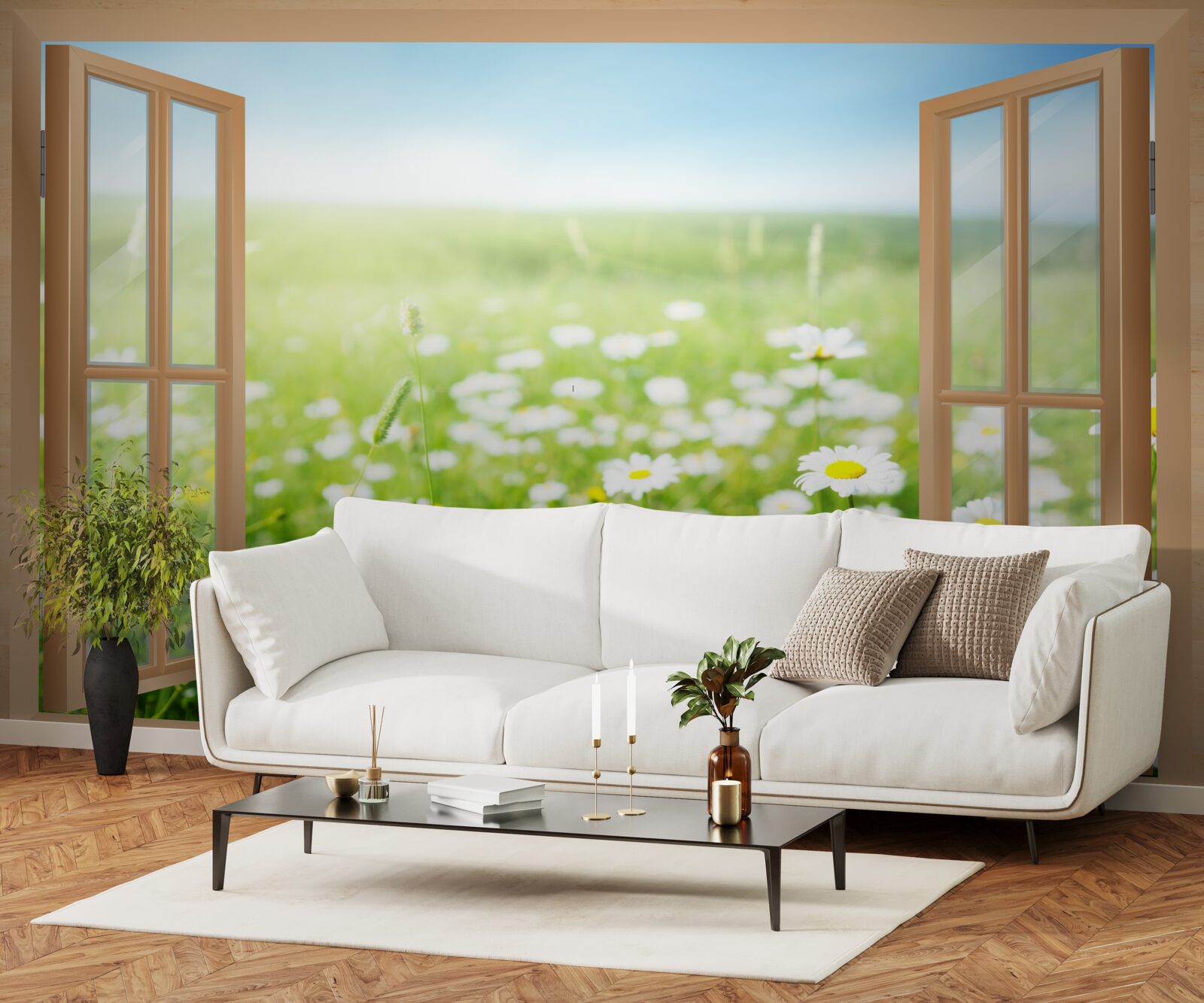 Fotobehang panorama van een kamilleveld