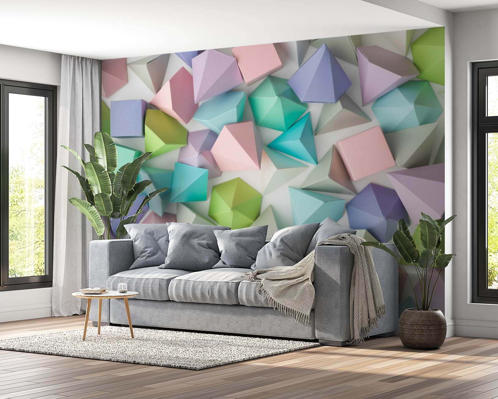 Fotobehang volumetrische figuren in verschillende kleuren en vormen