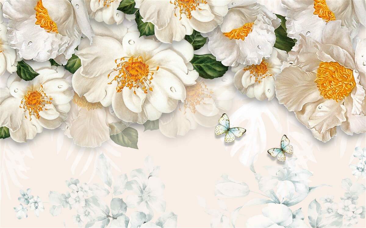 Fotobehang grote witte bloemen met een geel hart