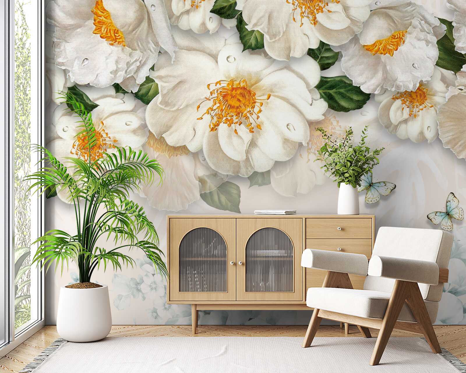 Fotobehang grote witte bloemen met een geel hart