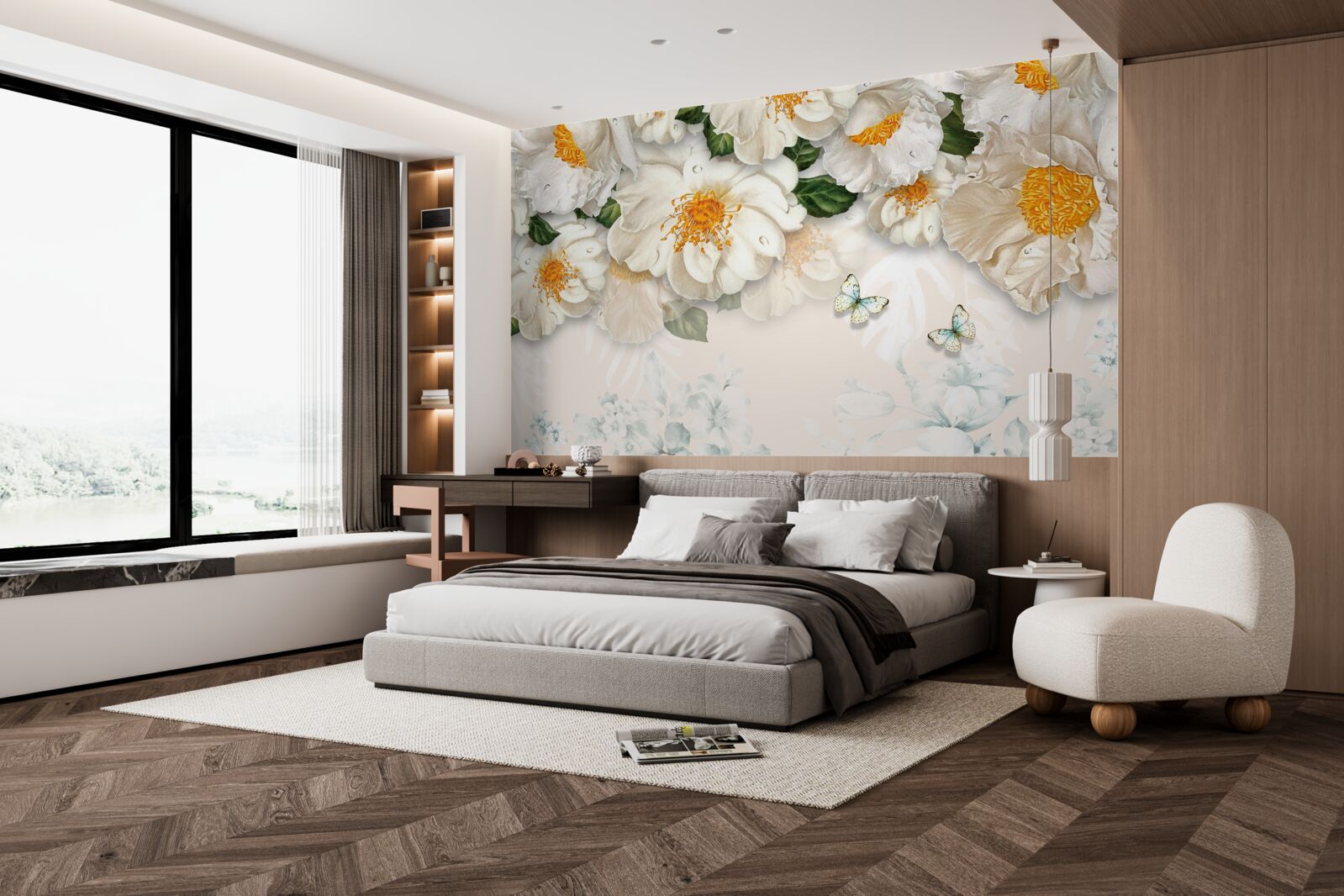 Fotobehang grote witte bloemen met een geel hart