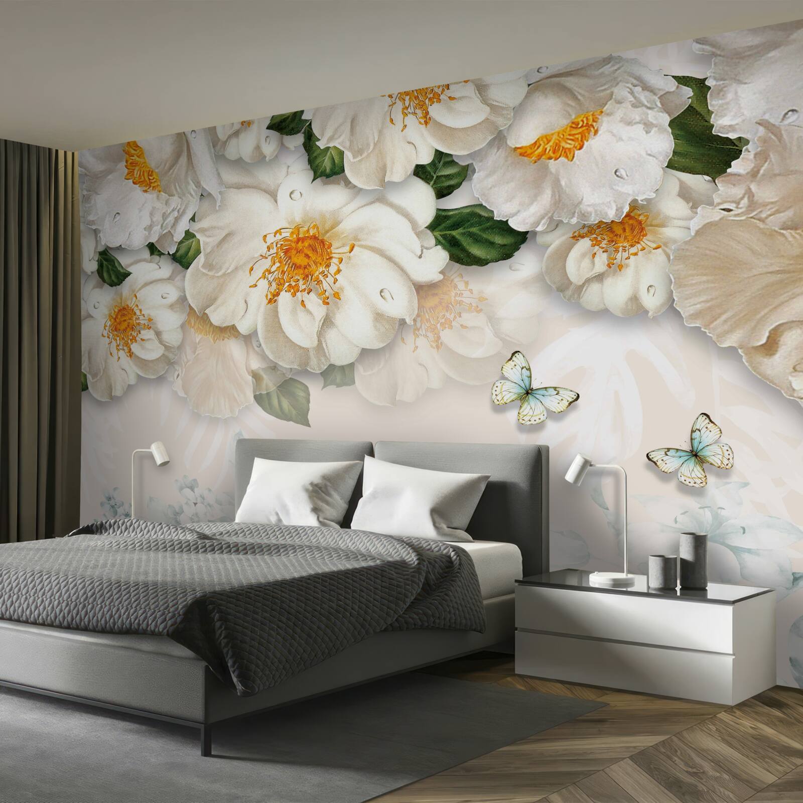 Fotobehang grote witte bloemen met een geel hart