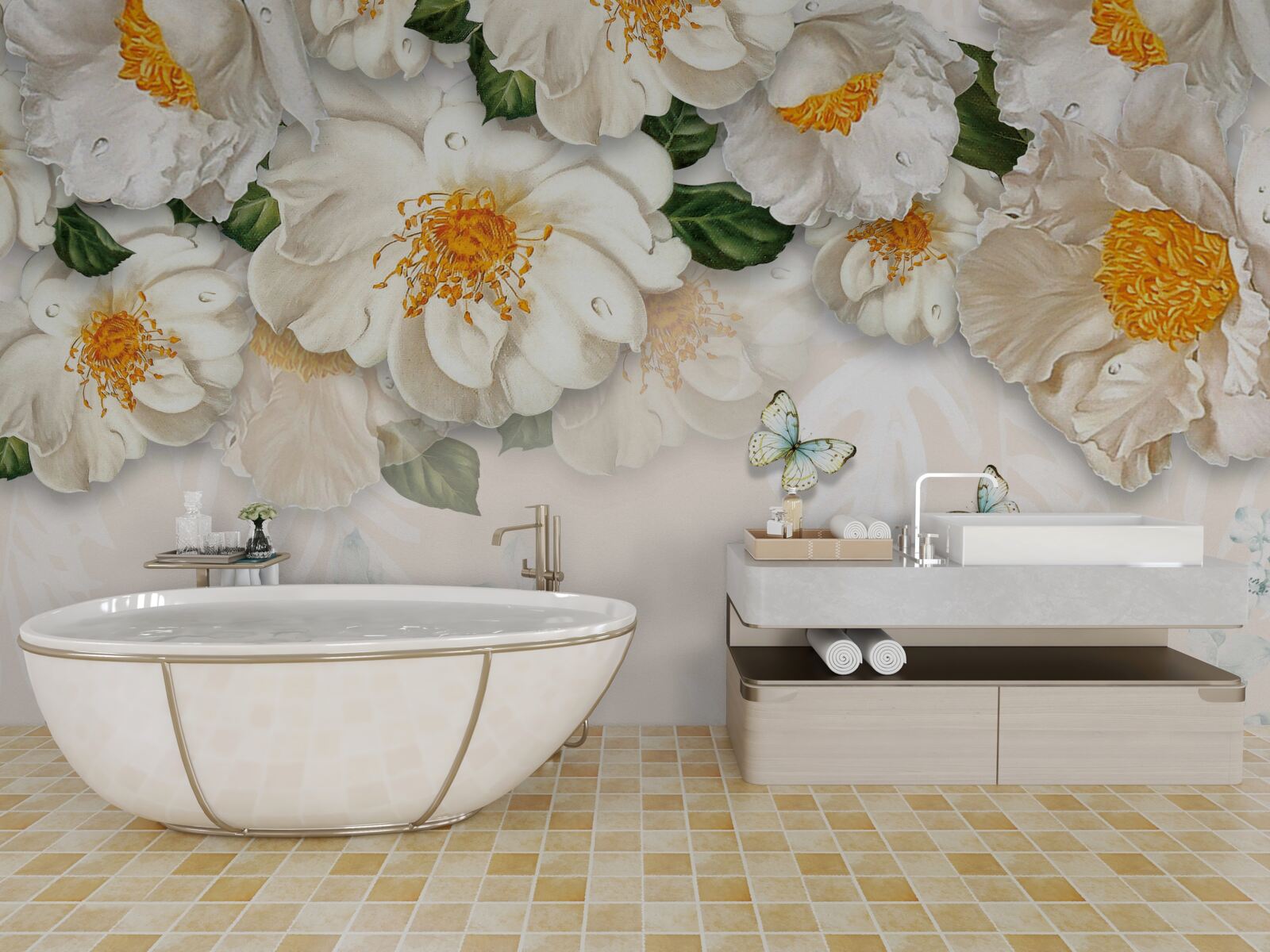 Fotobehang grote witte bloemen met een geel hart