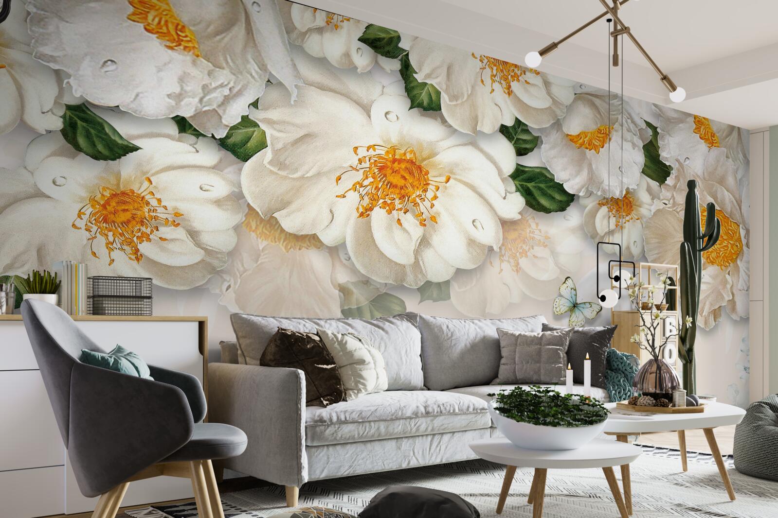 Fotobehang grote witte bloemen met een geel hart