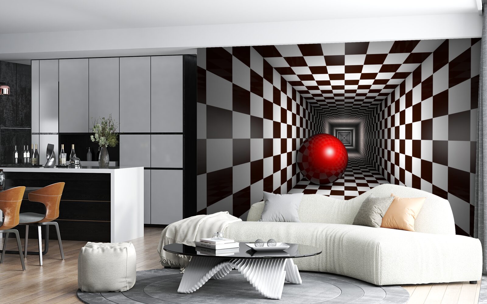 Fotobehang een rode bal in een gang versierd als een schaakbord