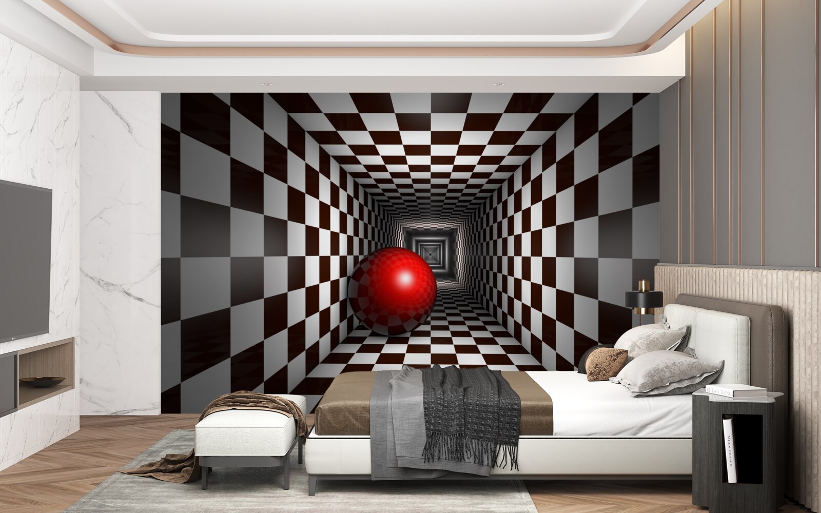 Fotobehang een rode bal in een gang versierd als een schaakbord