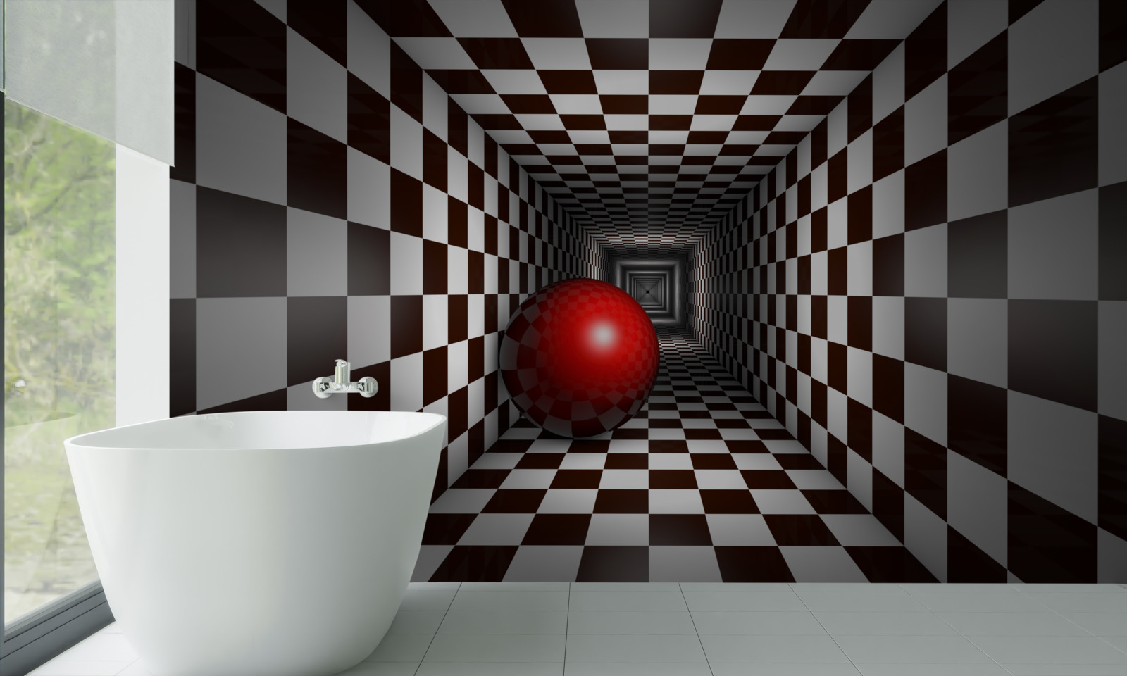 Fotobehang een rode bal in een gang versierd als een schaakbord