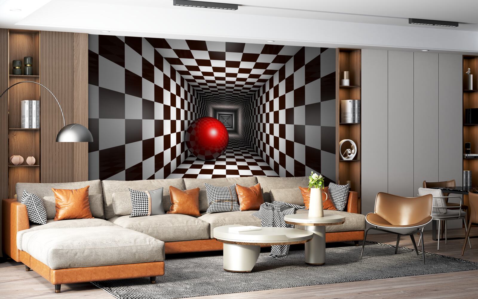 Fotobehang een rode bal in een gang versierd als een schaakbord