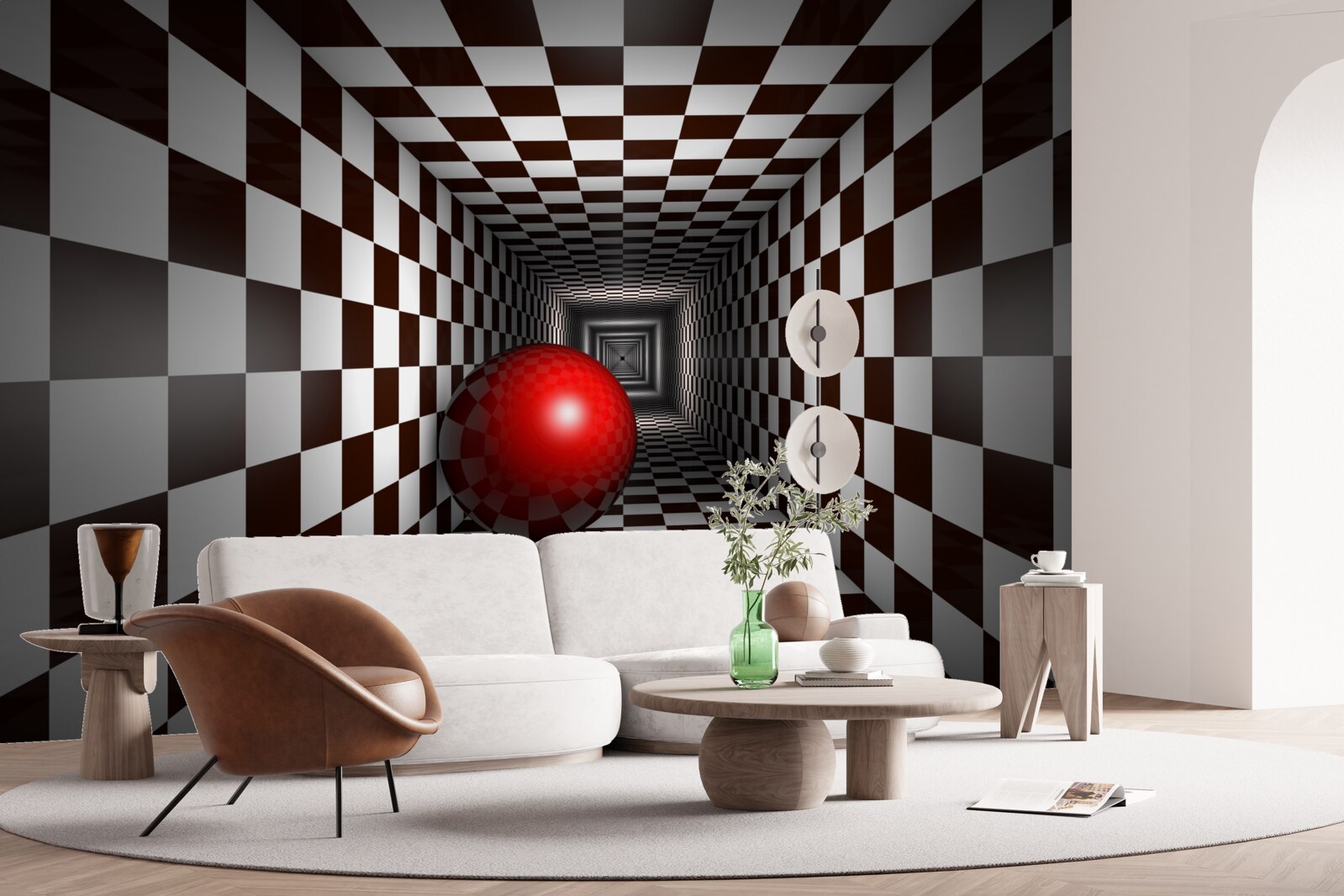 Fotobehang een rode bal in een gang versierd als een schaakbord