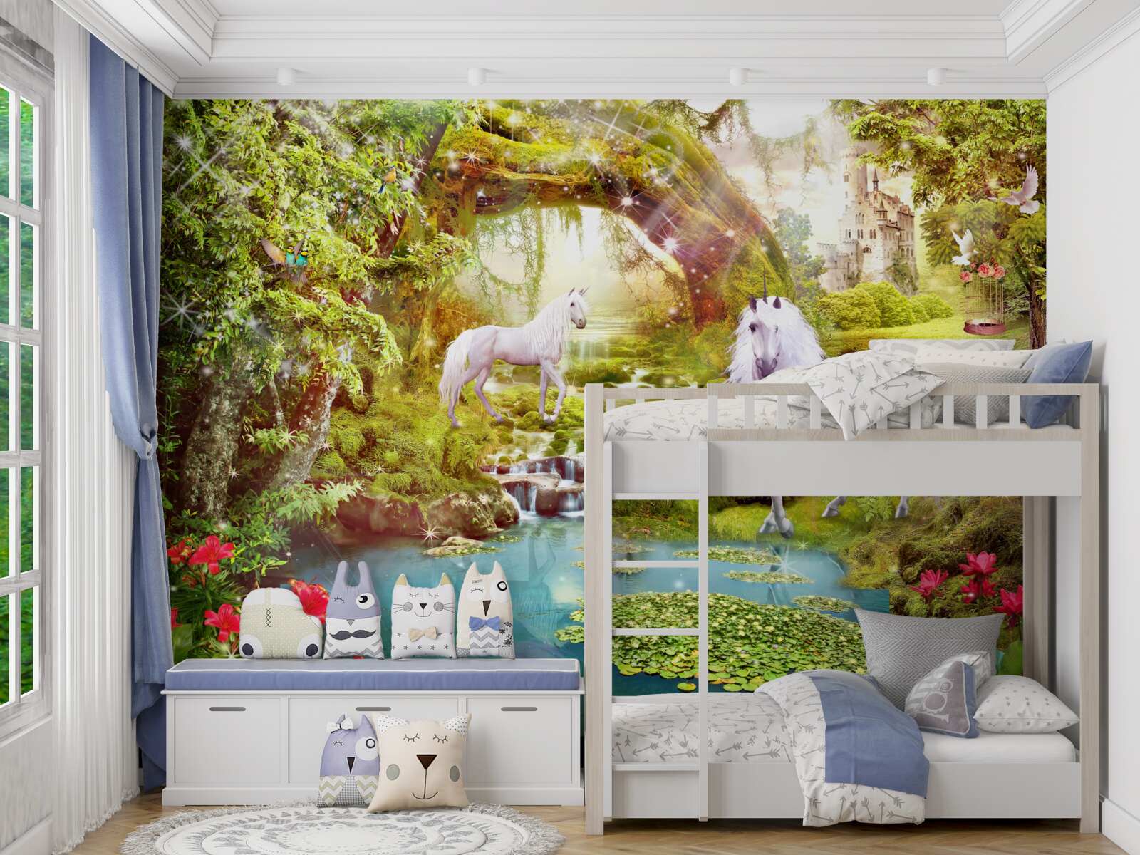 Fotobehang witte eenhoorns bij een meer in het bos