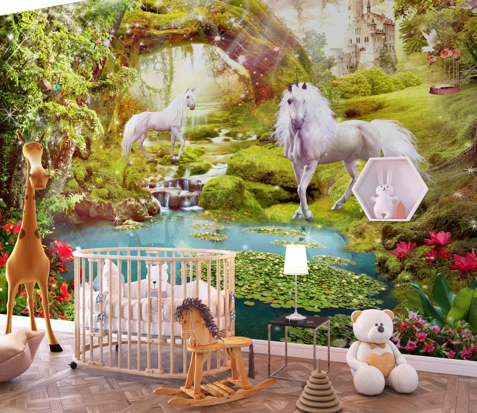 Fotobehang witte eenhoorns bij een meer in het bos