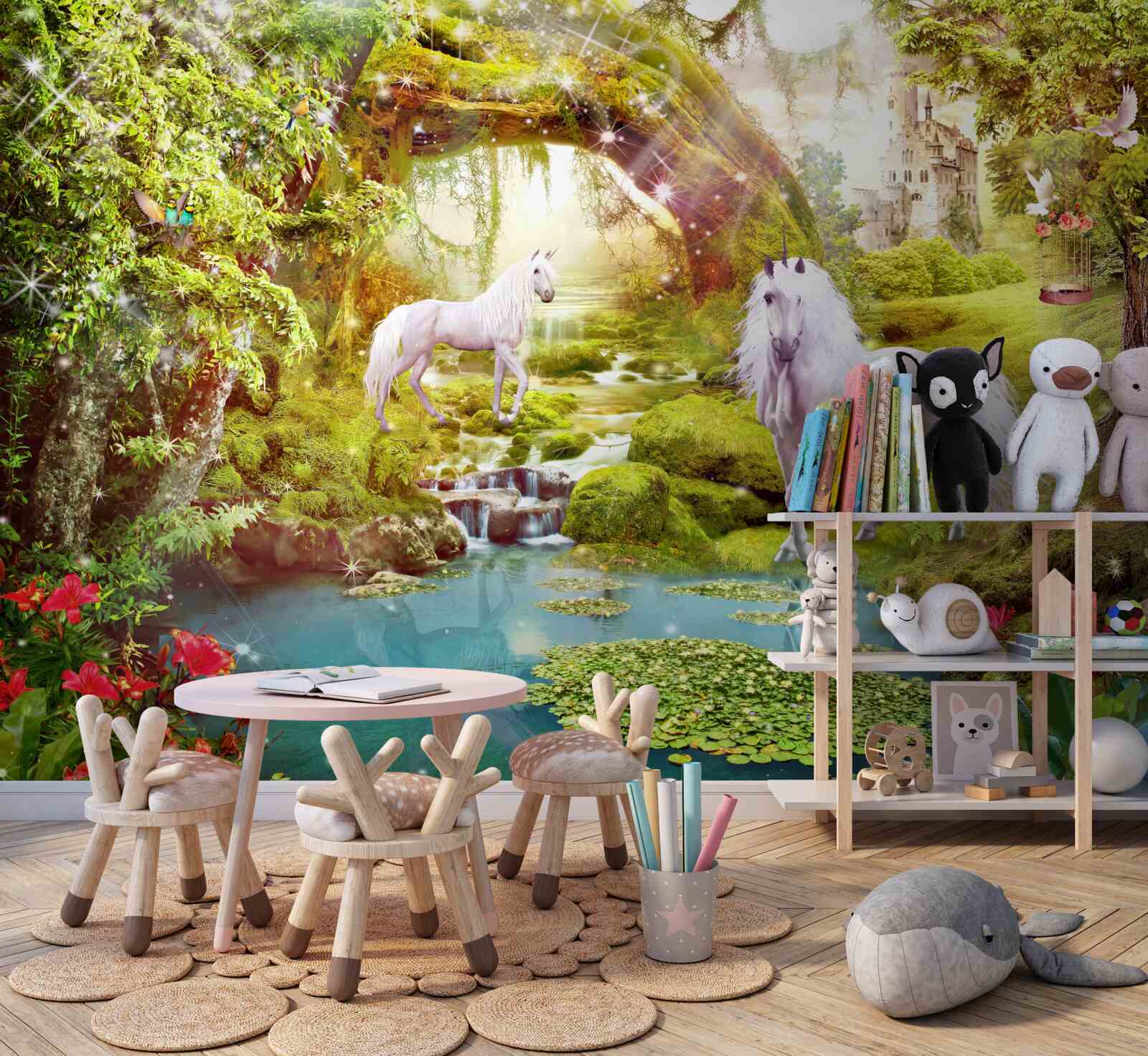 Fotobehang witte eenhoorns bij een meer in het bos