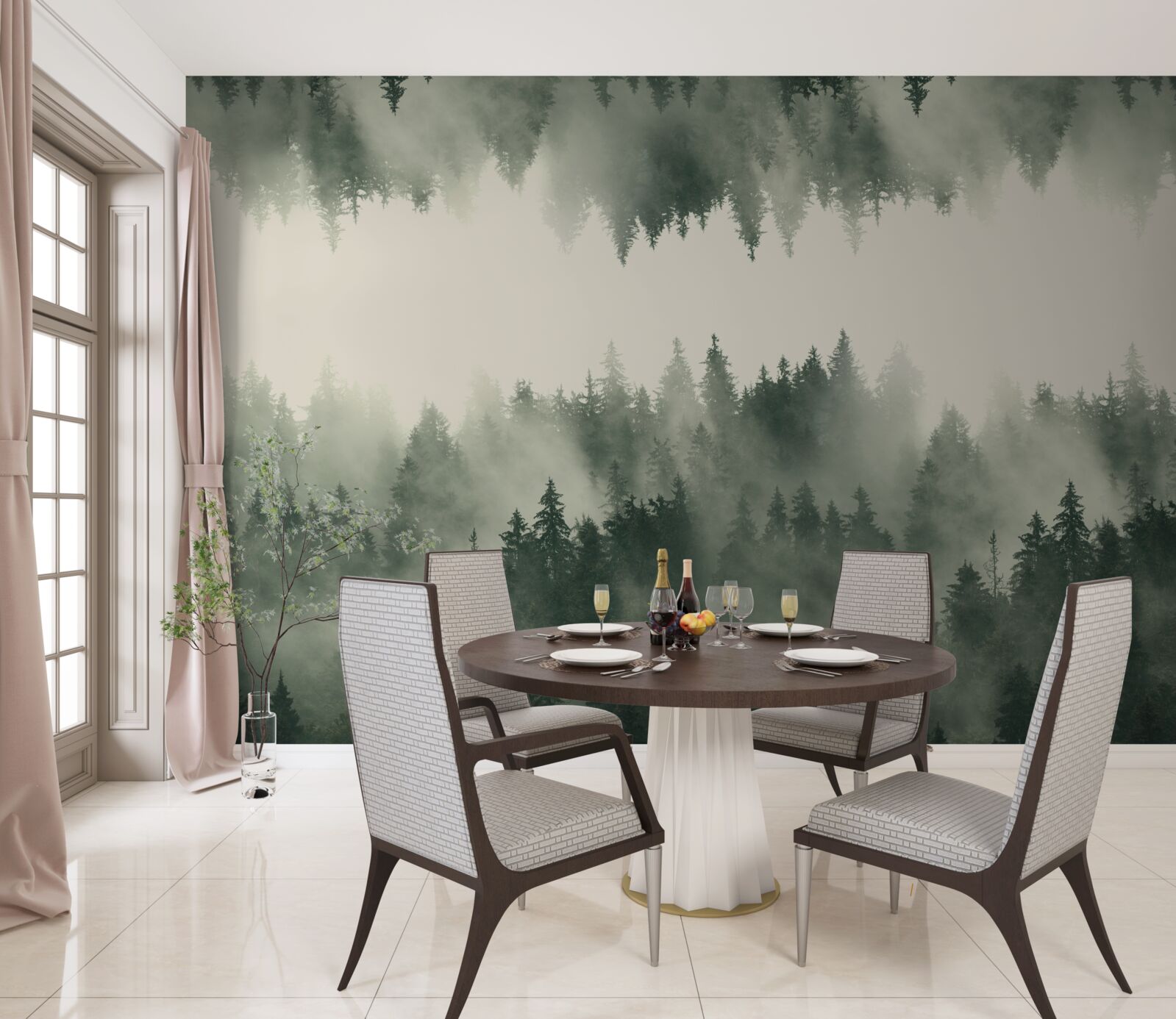 Fotobehang mistig bos met dichte vegetatie