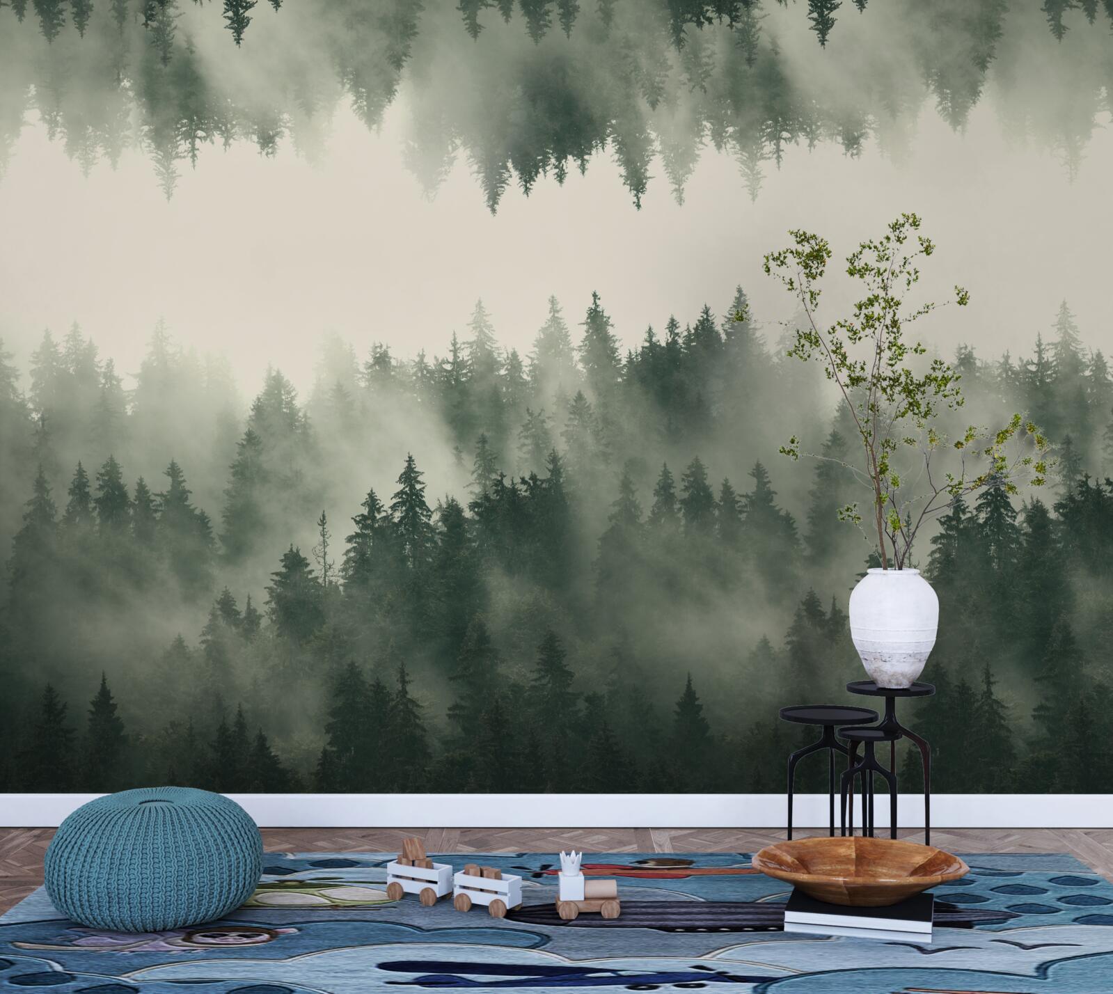 Fotobehang mistig bos met dichte vegetatie