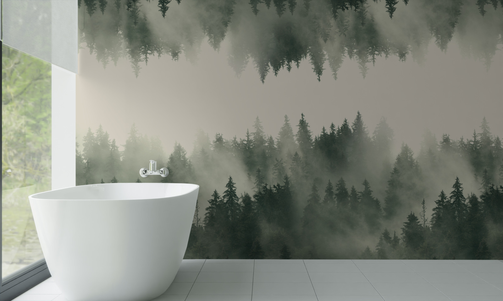 Fotobehang mistig bos met dichte vegetatie