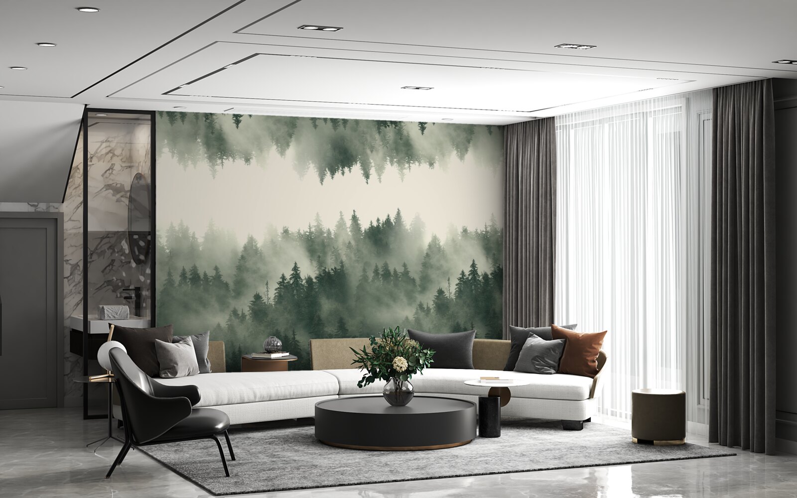 Fotobehang mistig bos met dichte vegetatie