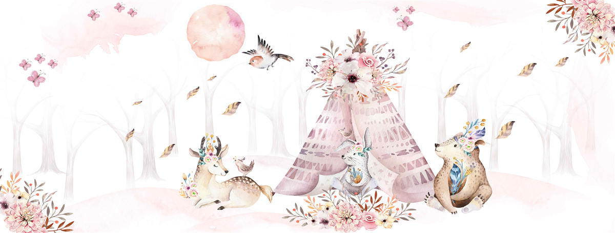 Fotobehang dieren verzameld bij een tent in het bos