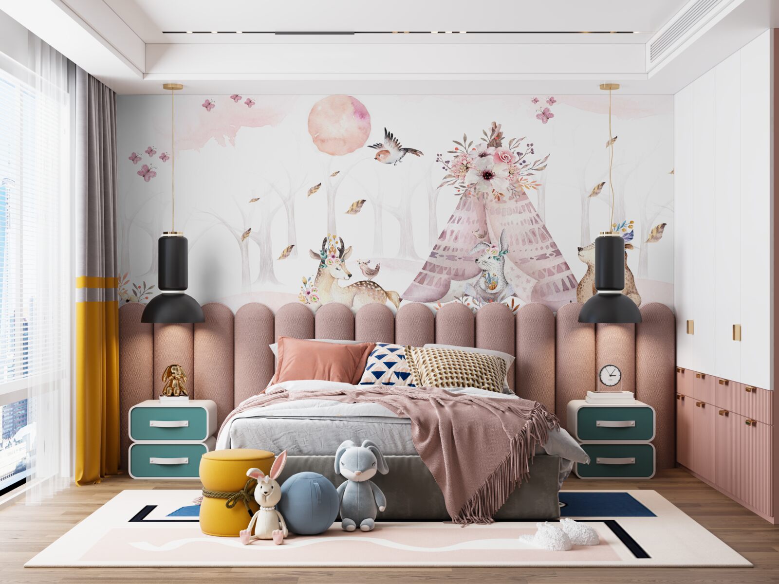 Fotobehang dieren verzameld bij een tent in het bos