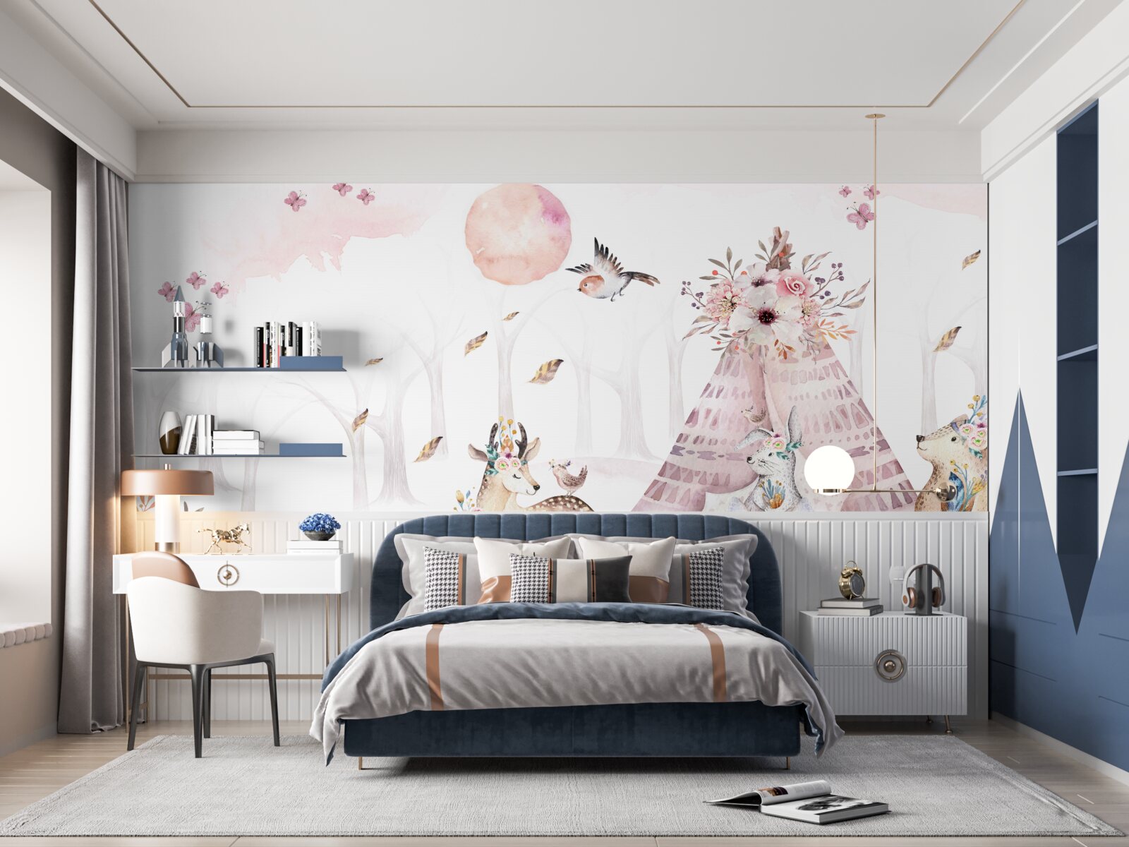 Fotobehang dieren verzameld bij een tent in het bos