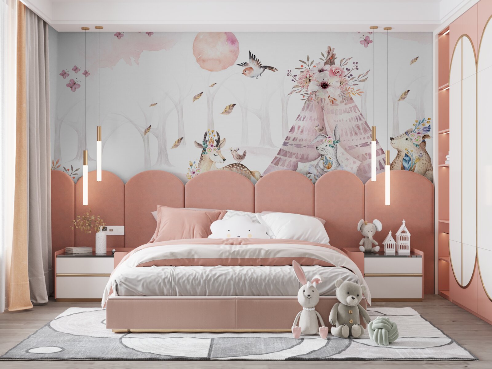 Fotobehang dieren verzameld bij een tent in het bos