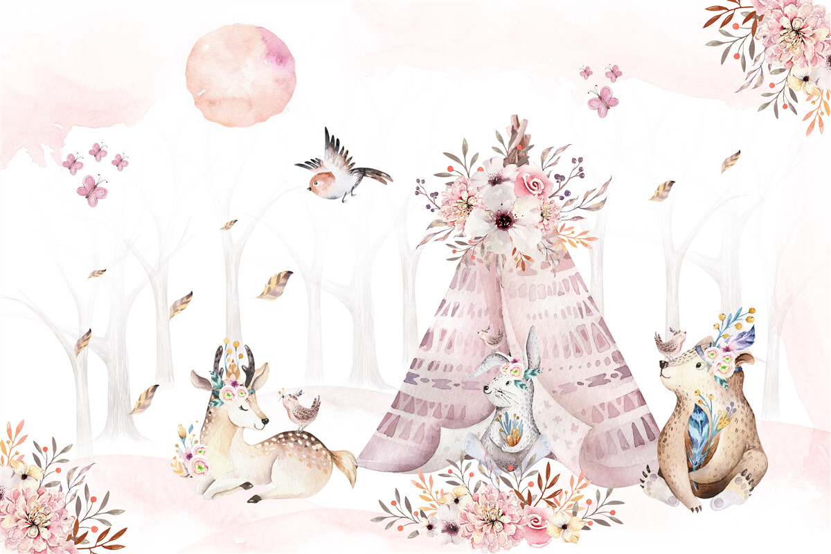 Fotobehang er rustten dieren bij de tent