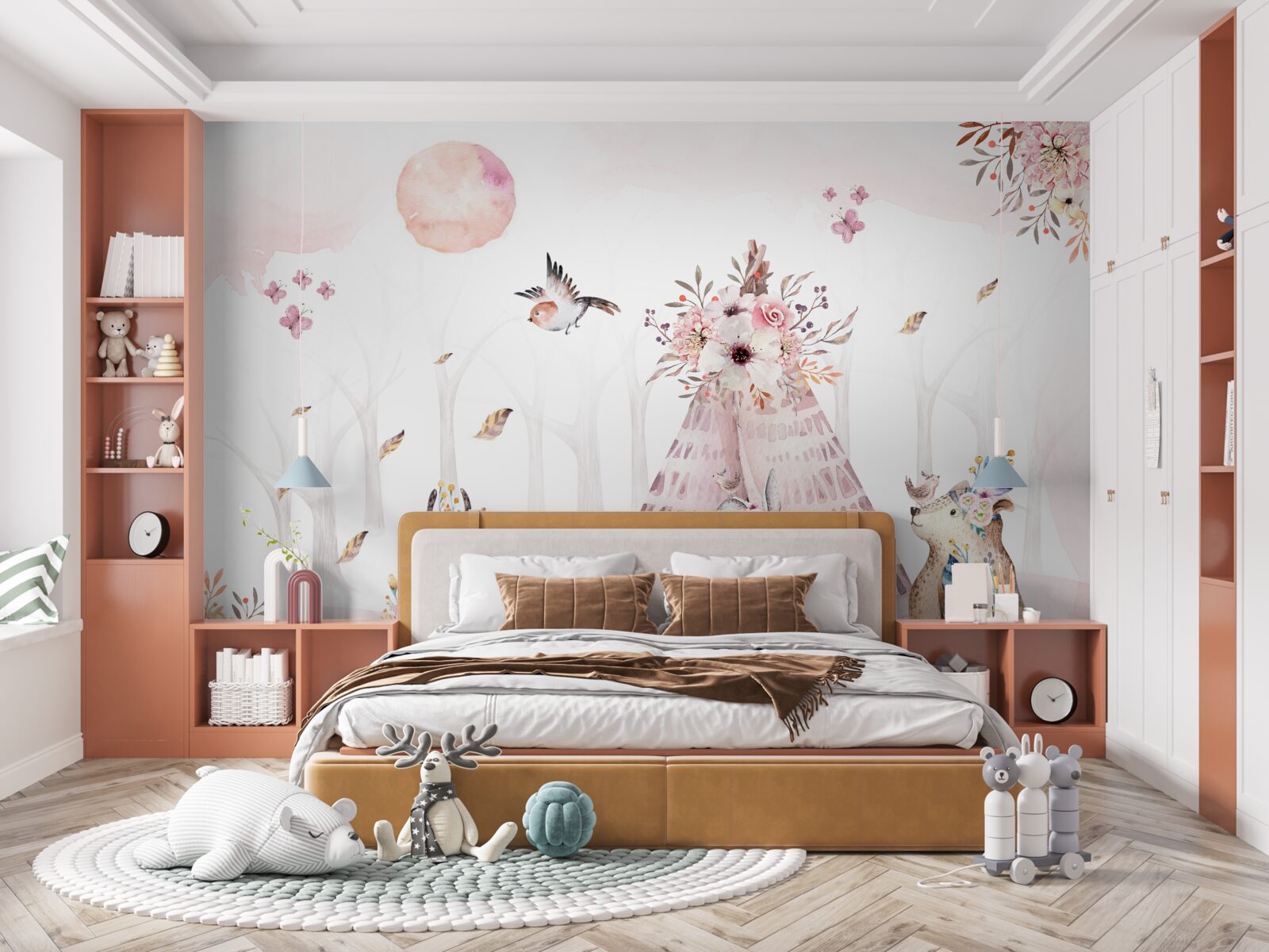 Fotobehang er rustten dieren bij de tent