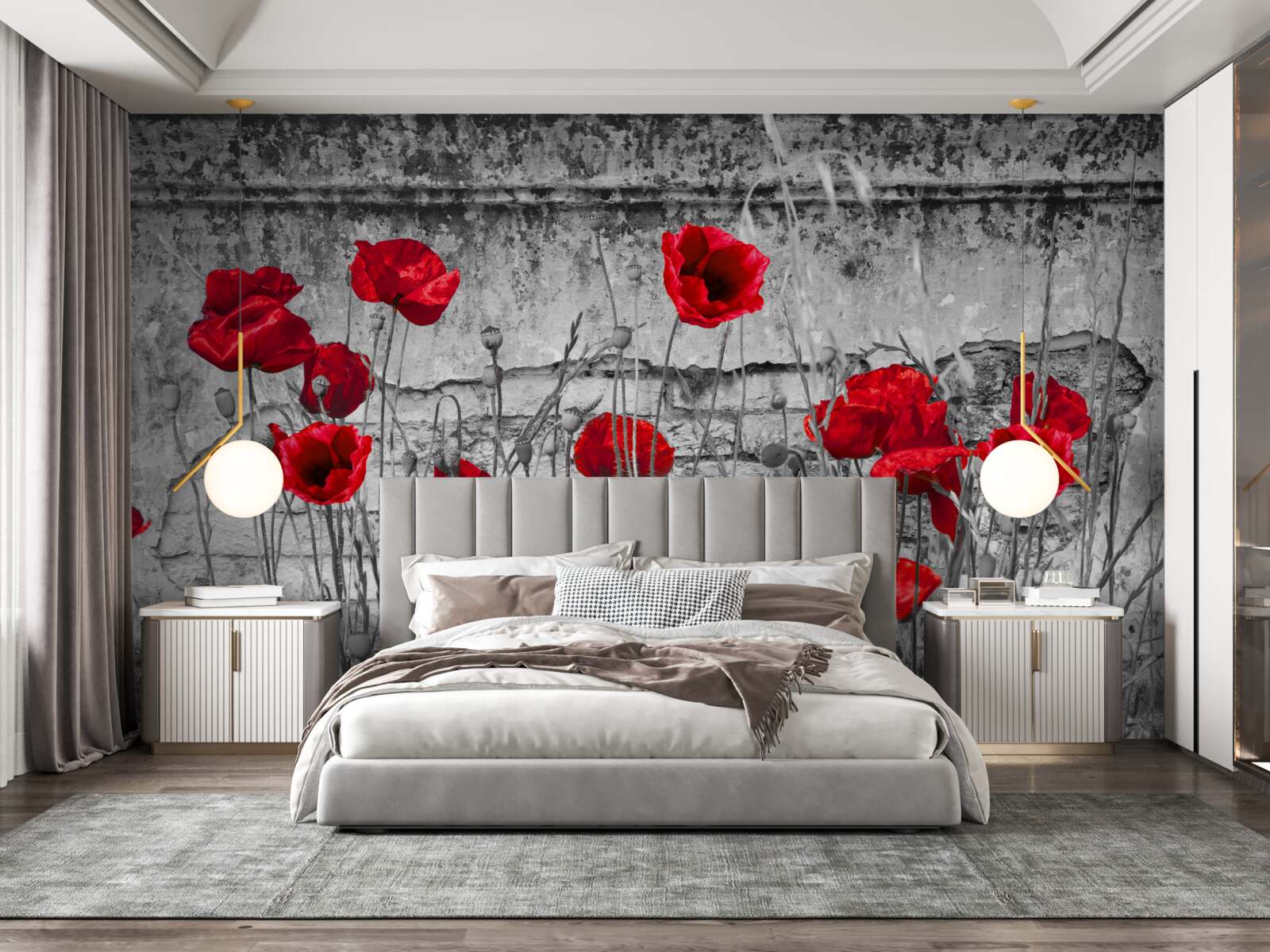 Fotobehang scharlaken klaprozen op een grijze achtergrond