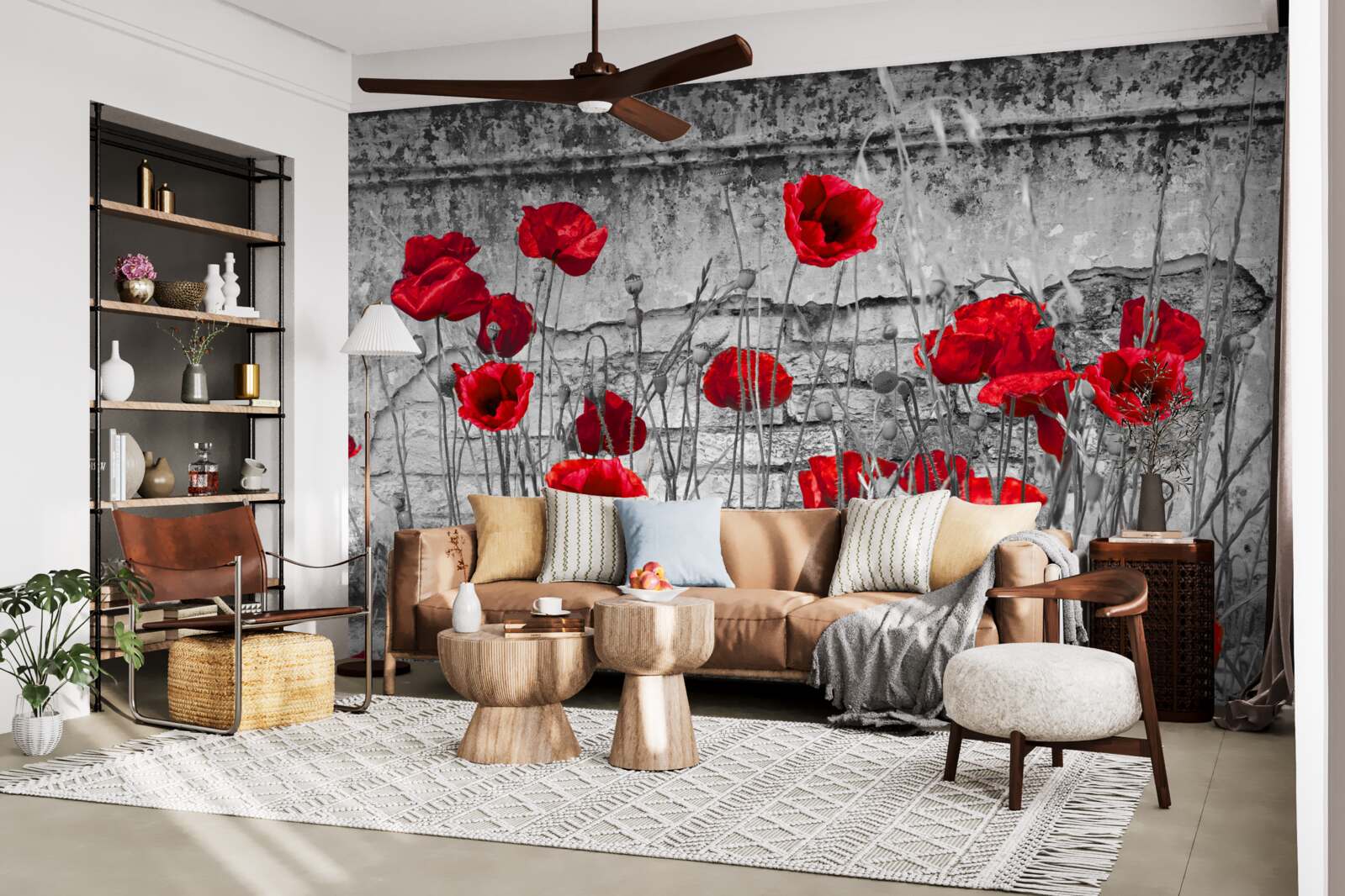 Fotobehang scharlaken klaprozen op een grijze achtergrond