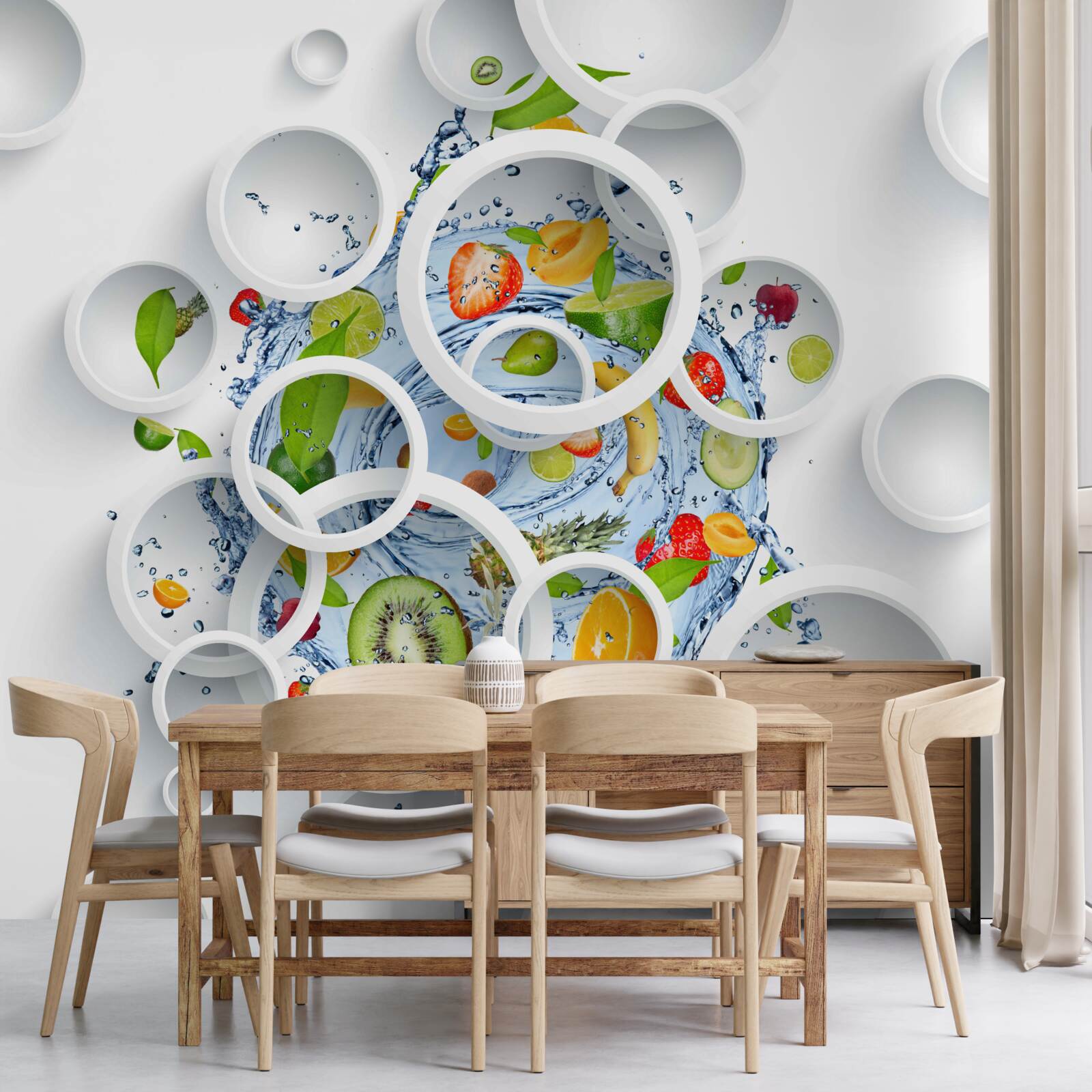 Fotobehang witte cirkels en fruit