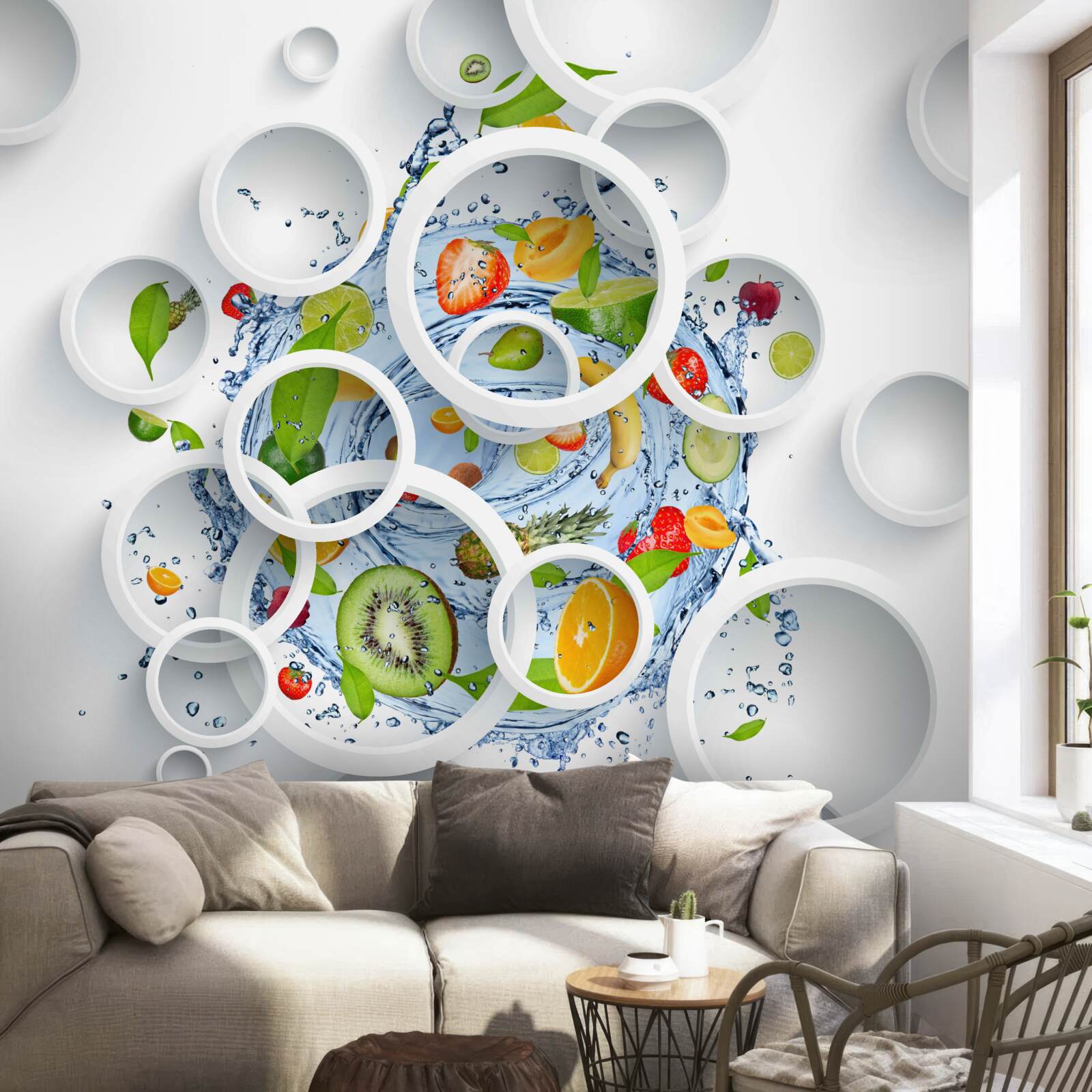 Fotobehang witte cirkels en fruit