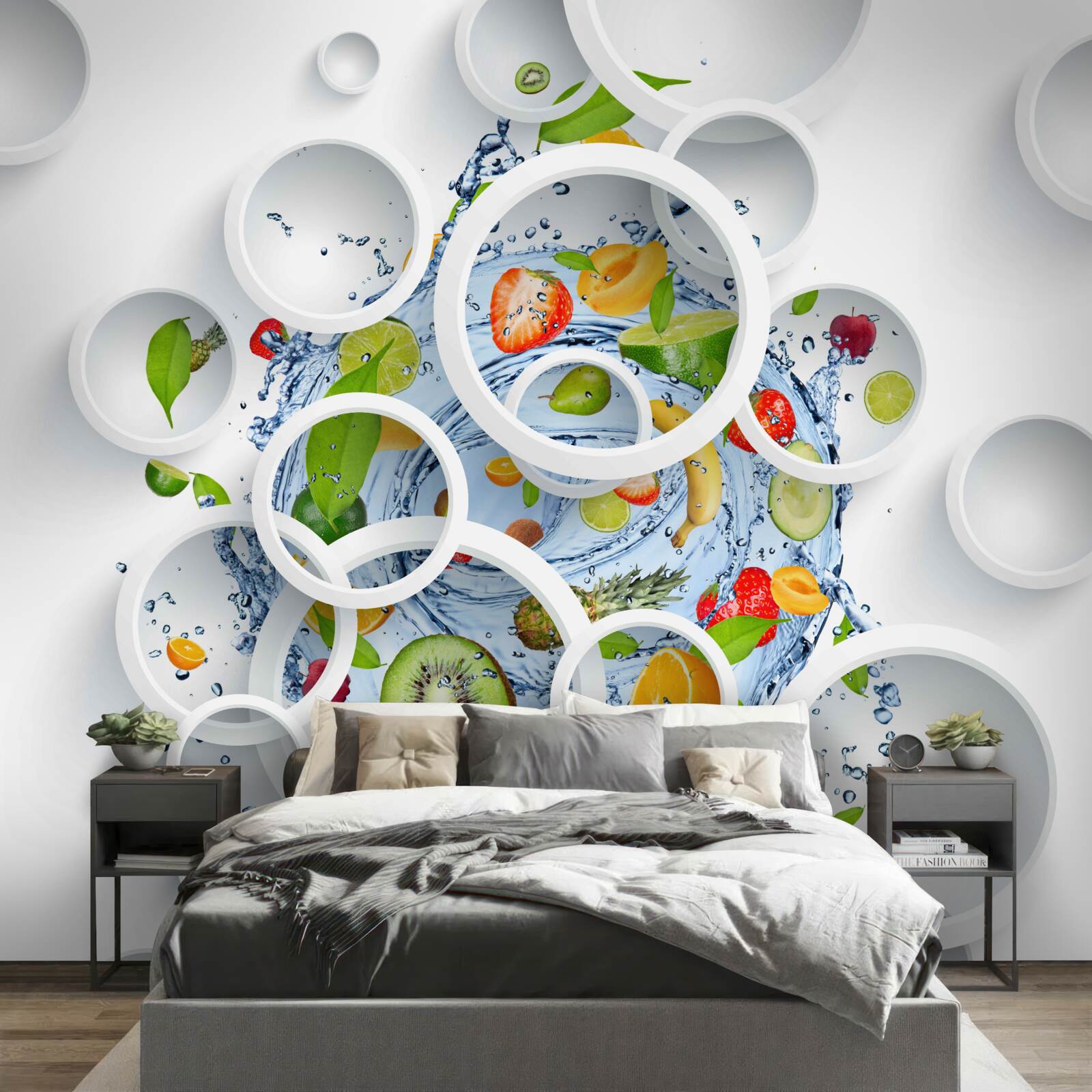 Fotobehang witte cirkels en fruit