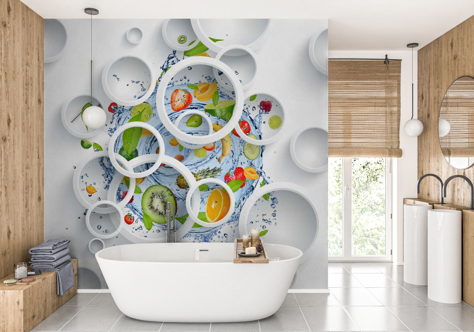 Fotobehang witte cirkels en fruit