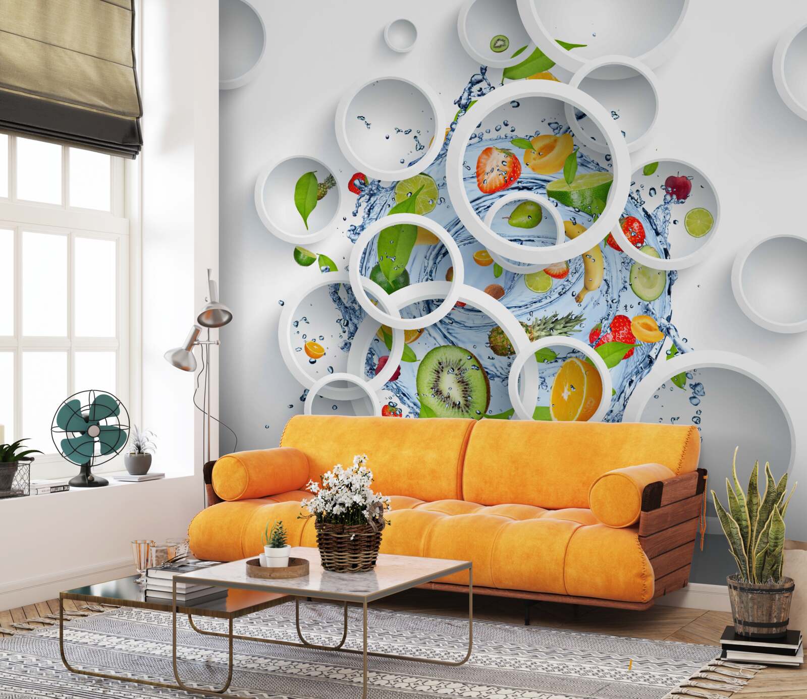 Fotobehang witte cirkels en fruit